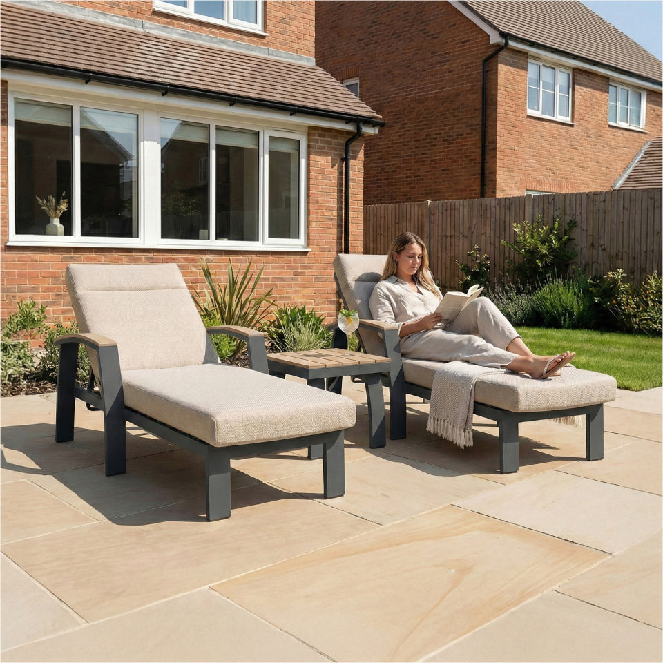 Leah Aluminium Wood Look Sun Lounger Set of 2 and Side Table in Graphite Grey