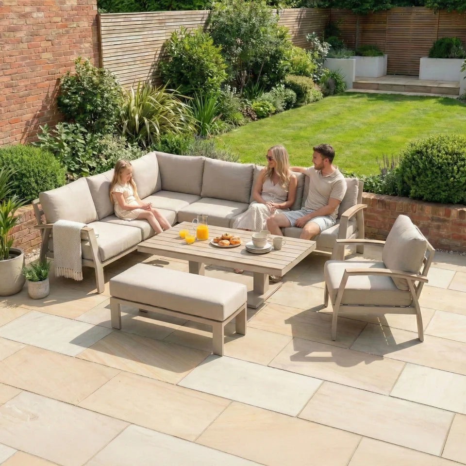 Leah L-Shaped Corner Aluminium Wood Look Lounge Dining Set with Armchair and Bench - Adjustable Rising Table in Fawn