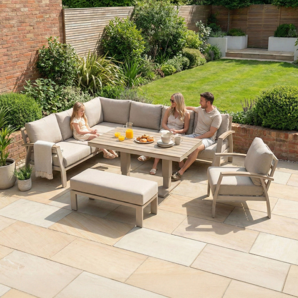 Leah L-Shaped Corner Aluminium Wood Look Lounge Dining Set with Armchair and Bench - Adjustable Rising Table in Fawn