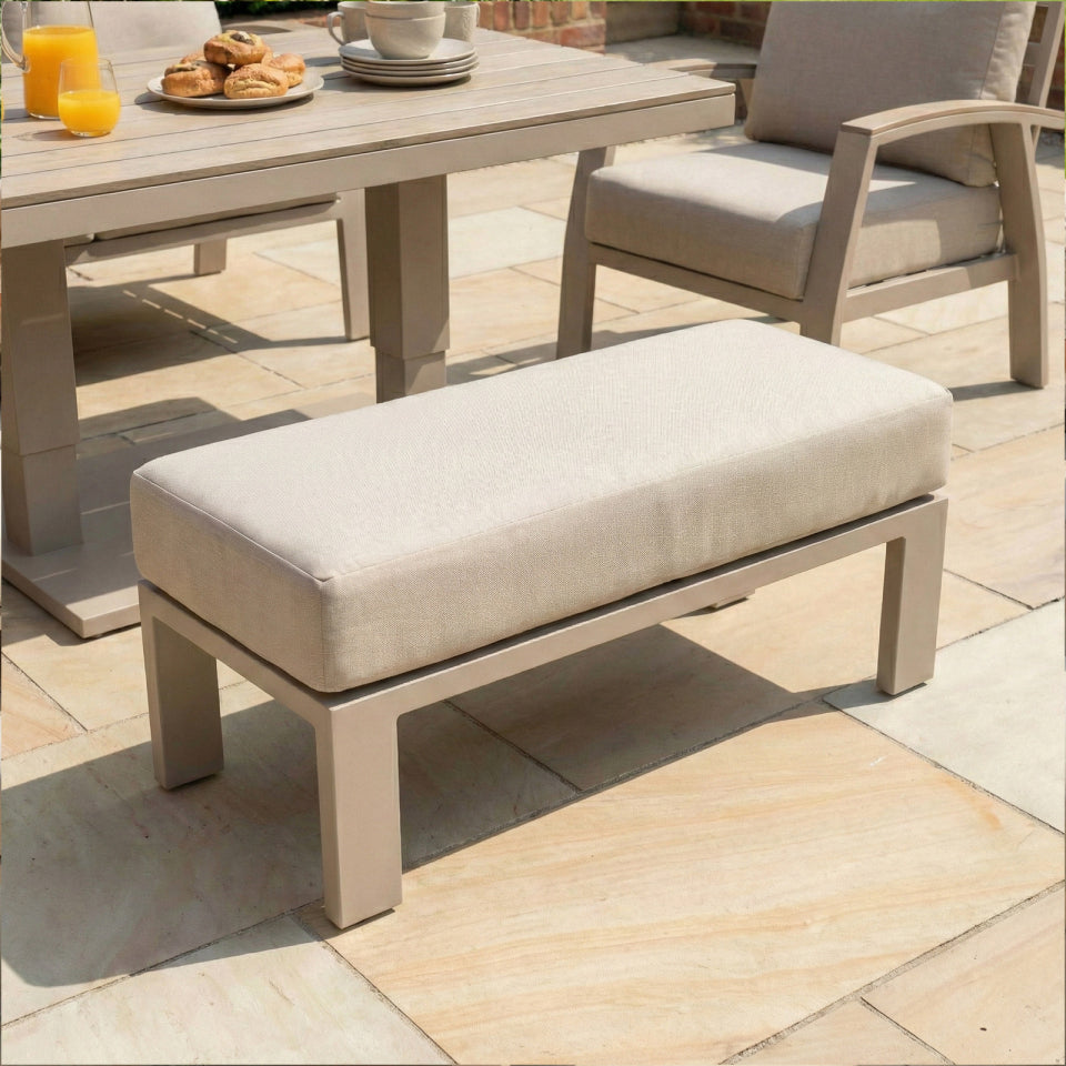 Leah L-Shaped Corner Aluminium Wood Look Lounge Dining Set with Armchair and Bench - Adjustable Rising Table in Fawn