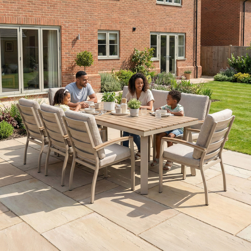 Leah 8 Seat Rectangular Aluminium Dining Set in Fawn