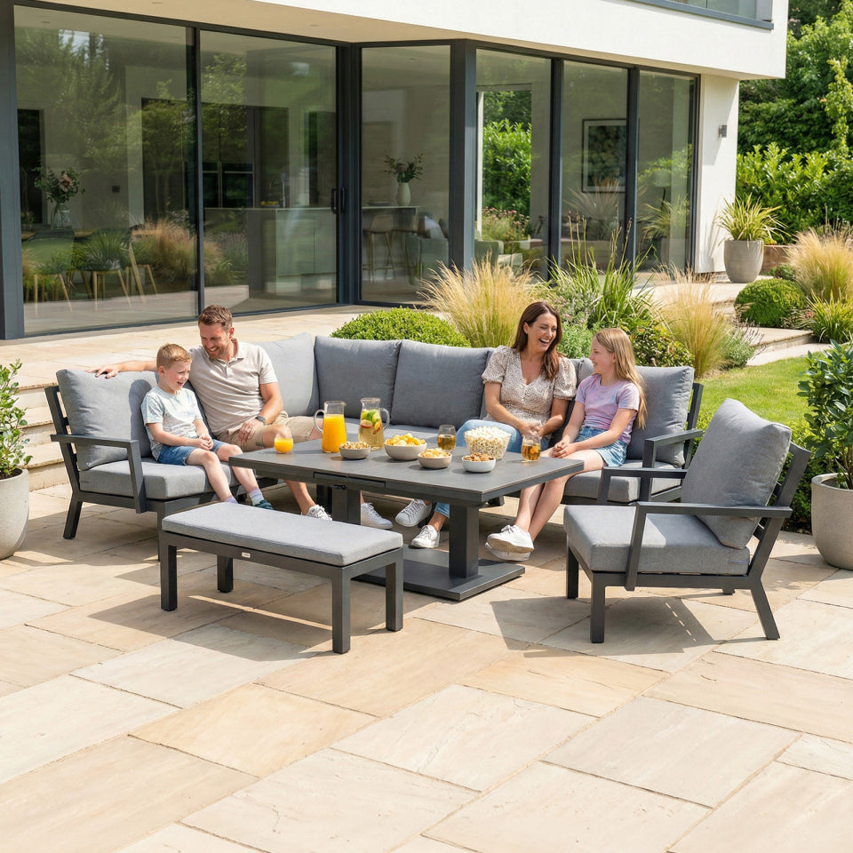 Vogue L-Shape Corner Aluminium Lounge Dining Set with Armchair and Bench - Adjustable Rising Extending Table in Graphite Grey