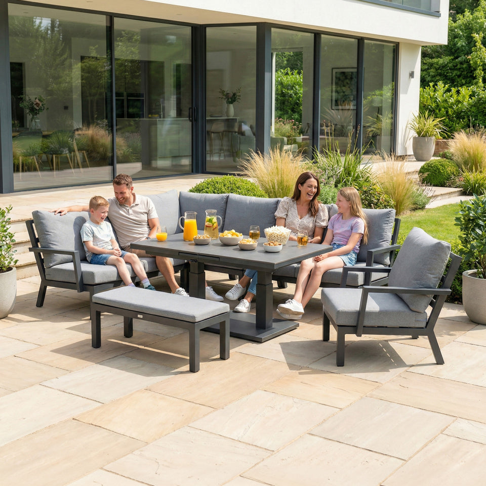 Vogue L-Shape Corner Aluminium Lounge Dining Set with Armchair and Bench - Adjustable Rising Extending Table in Graphite Grey