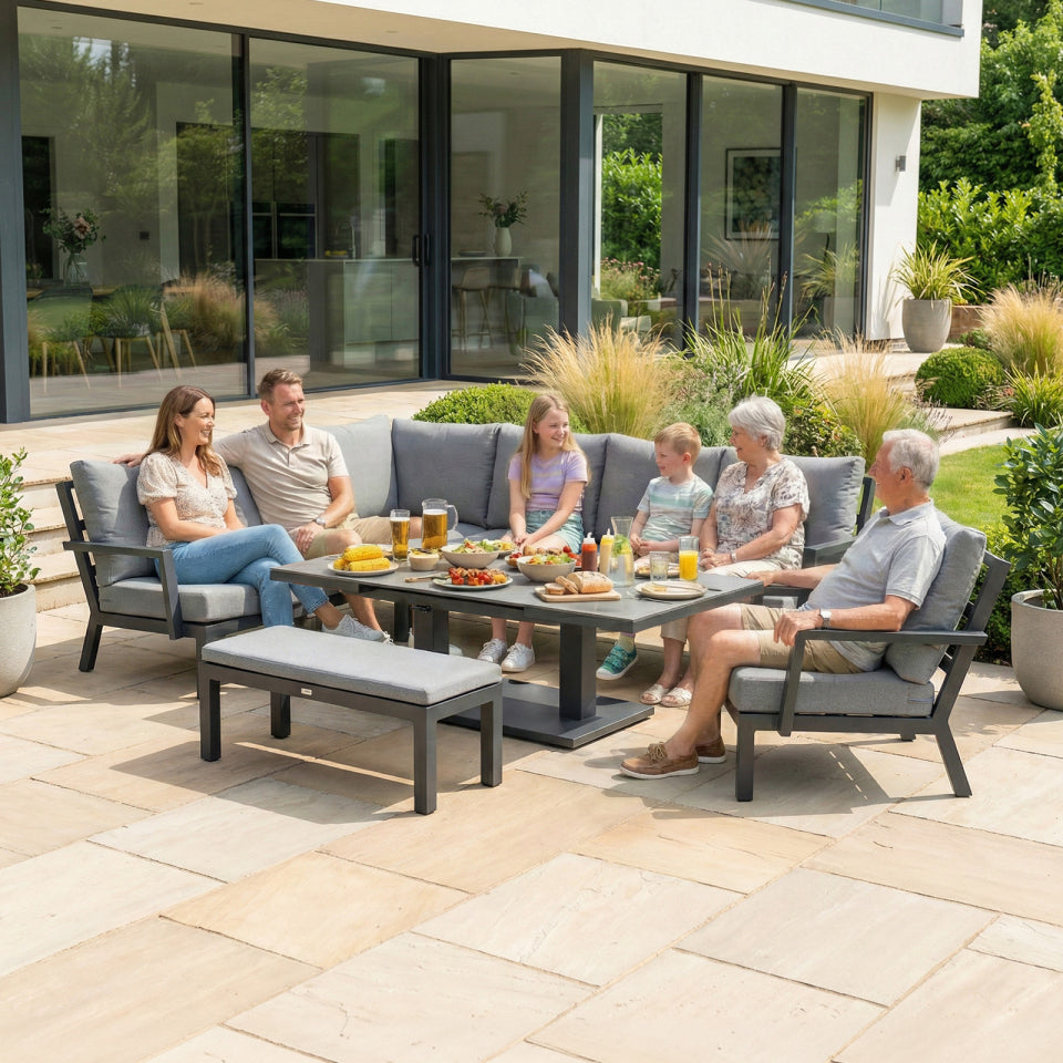 Vogue L-Shape Corner Aluminium Lounge Dining Set with Armchair and Bench - Adjustable Rising Extending Table in Graphite Grey