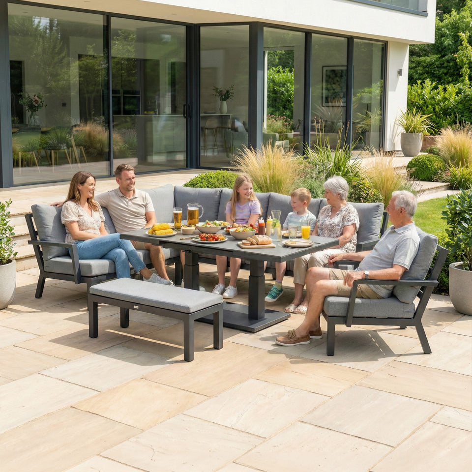 Vogue L-Shape Corner Aluminium Lounge Dining Set with Armchair and Bench - Adjustable Rising Extending Table in Graphite Grey