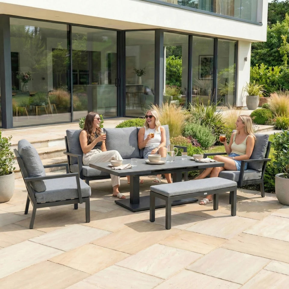 Vogue 3 Seater Aluminium Lounge Dining Set with 2 Armchairs and Bench - Adjustable Rising Extending Table in Graphite Grey