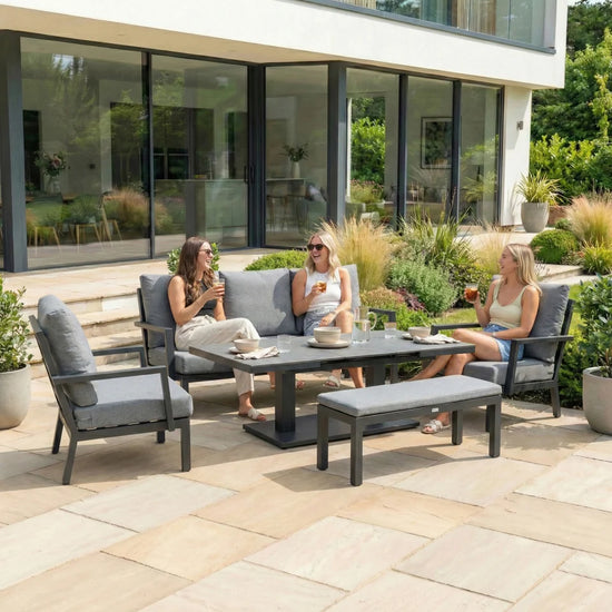 Vogue 3 Seater Aluminium Lounge Dining Set with 2 Armchairs and Bench - Adjustable Rising Extending Table in Graphite Grey