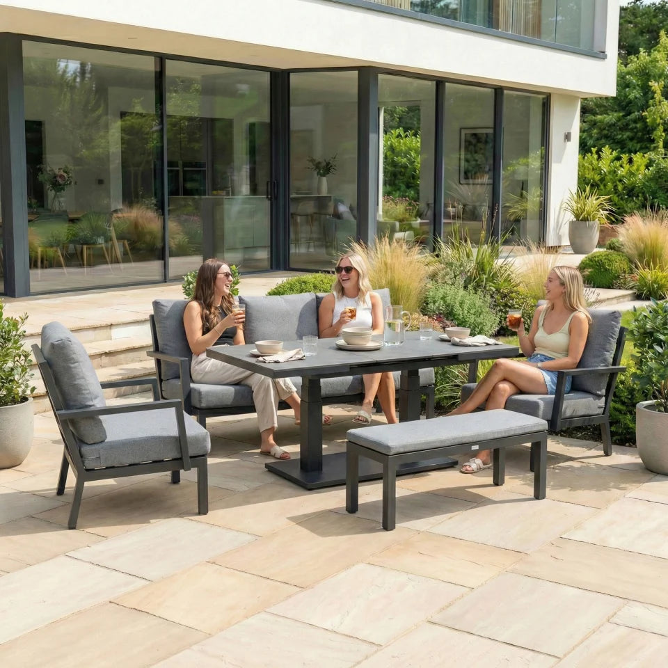 Vogue 3 Seater Aluminium Lounge Dining Set with 2 Armchairs and Bench - Adjustable Rising Extending Table in Graphite Grey