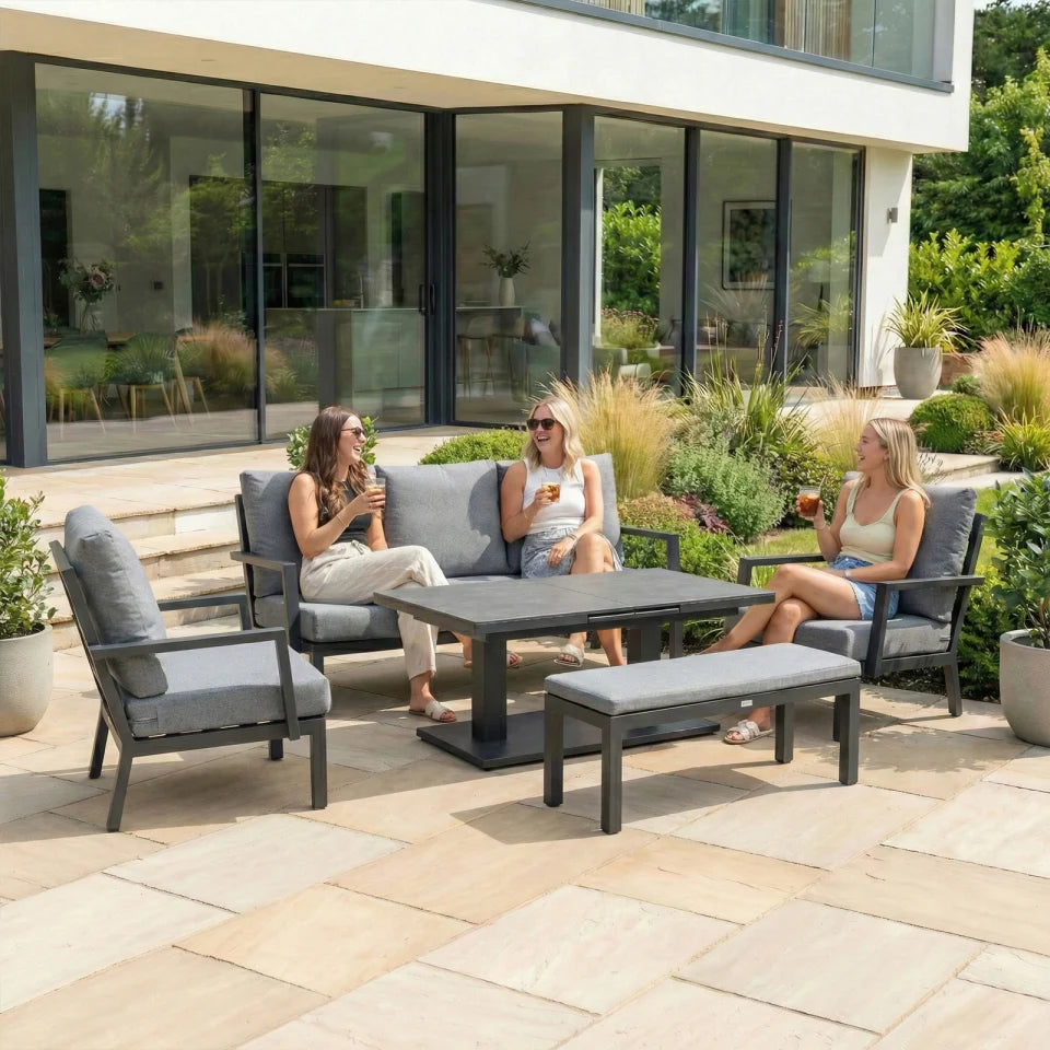 Vogue 3 Seater Aluminium Lounge Dining Set with 2 Armchairs and Bench - Adjustable Rising Extending Table in Graphite Grey