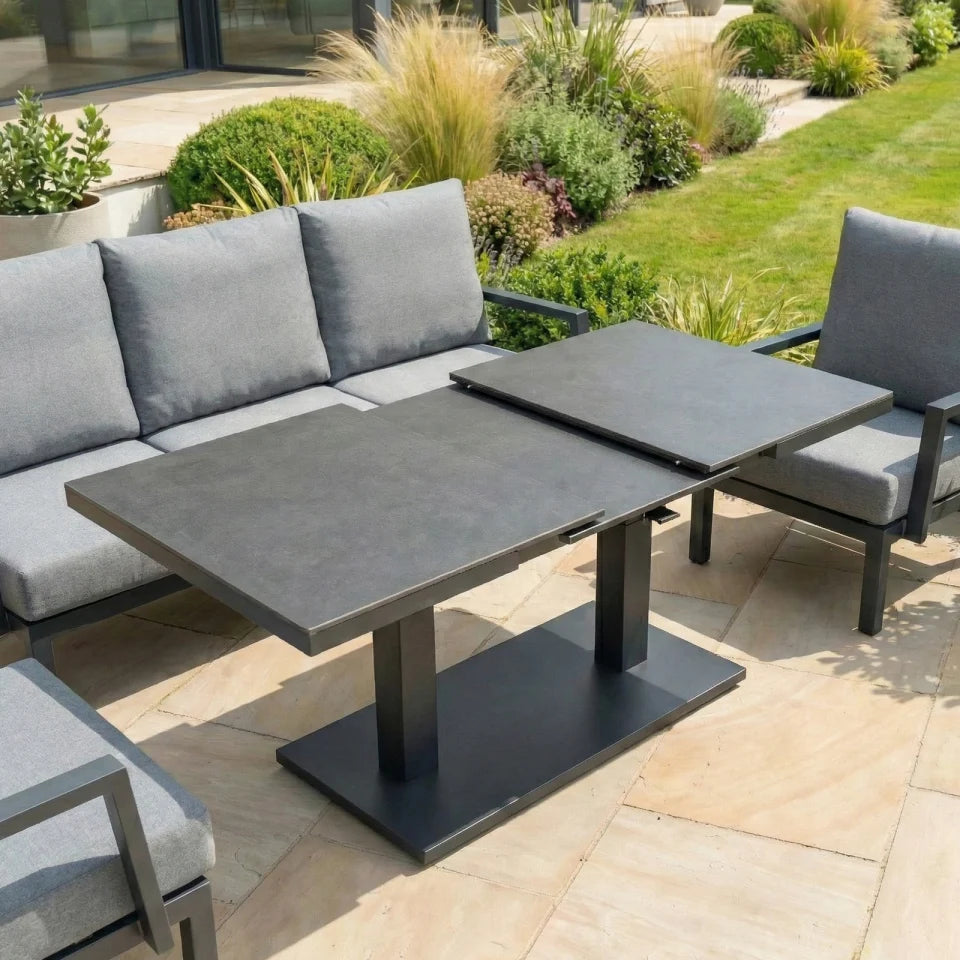 Vogue 3 Seater Aluminium Lounge Dining Set with 2 Armchairs and Bench - Adjustable Rising Extending Table in Graphite Grey