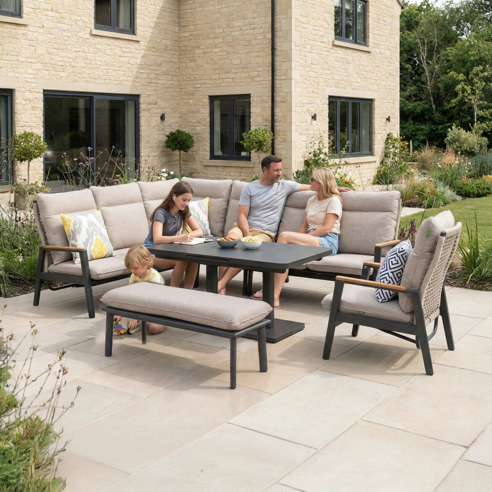 Parker L-Shaped Corner Aluminium Rope Reclining Lounge Dining Set with Armchair &amp; Bench - Adjustable Rising Extending Table in Beige