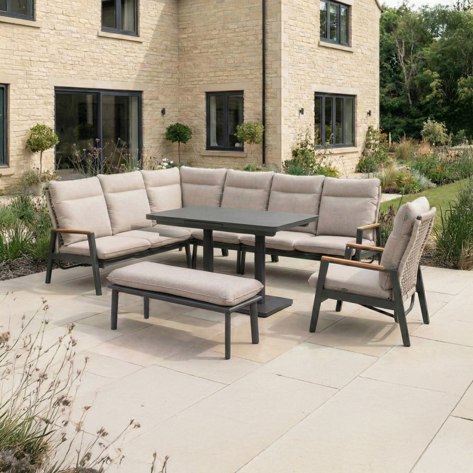 Parker L-Shaped Corner Aluminium Rope Reclining Lounge Dining Set with Armchair &amp; Bench - Adjustable Rising Extending Table in Beige