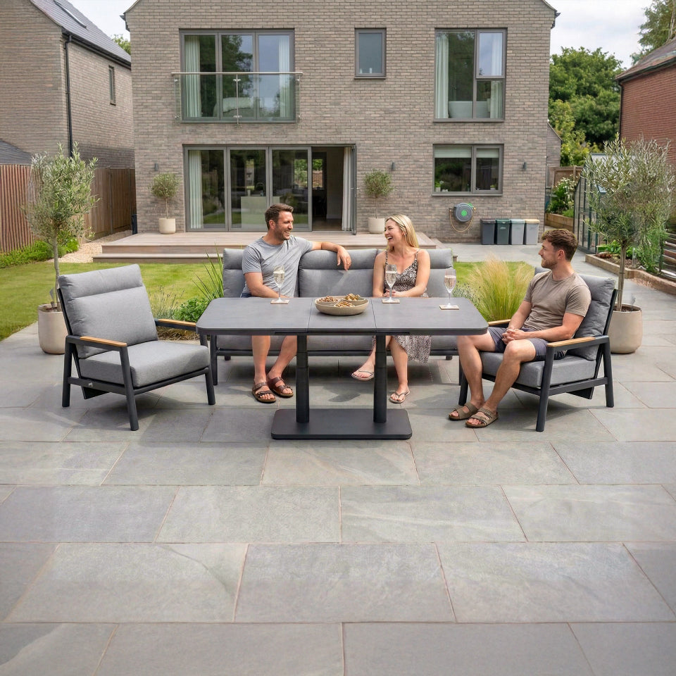 Isaac 3 Seater Aluminium Reclining Lounge Dining Set with 2 Armchairs - Rising Extending Table in Graphite Grey