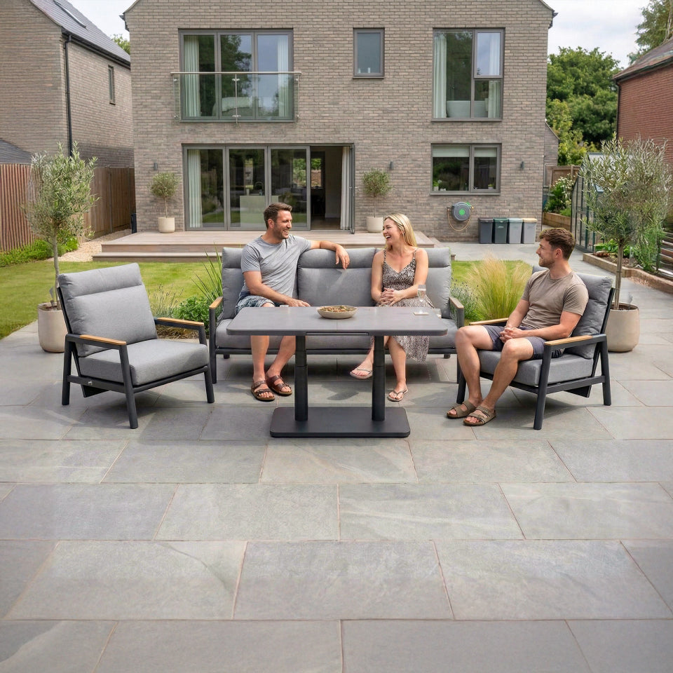 Isaac 3 Seater Aluminium Reclining Lounge Dining Set with 2 Armchairs - Rising Extending Table in Graphite Grey