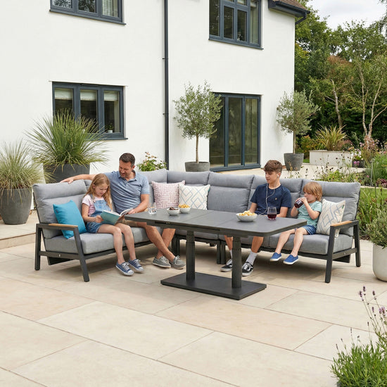 Isaac L-Shaped Corner Aluminium Reclining Lounge Dining Set - Adjustable Rising Extending Table in Graphite Grey