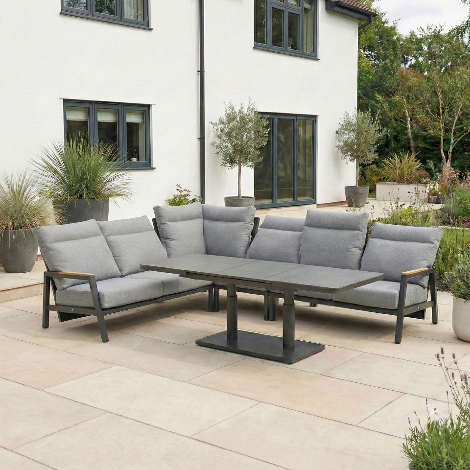 Isaac L-Shaped Corner Aluminium Reclining Lounge Dining Set - Adjustable Rising Extending Table in Graphite Grey
