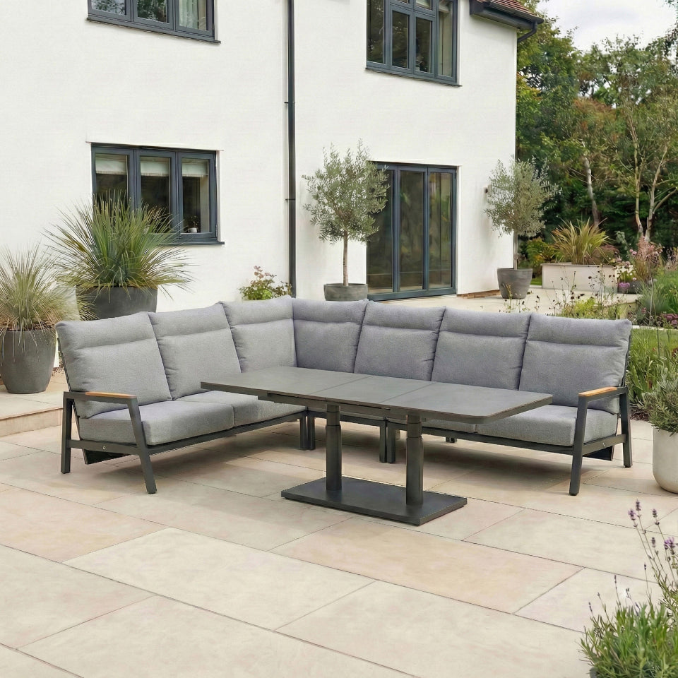 Isaac L-Shaped Corner Aluminium Reclining Lounge Dining Set - Adjustable Rising Extending Table in Graphite Grey