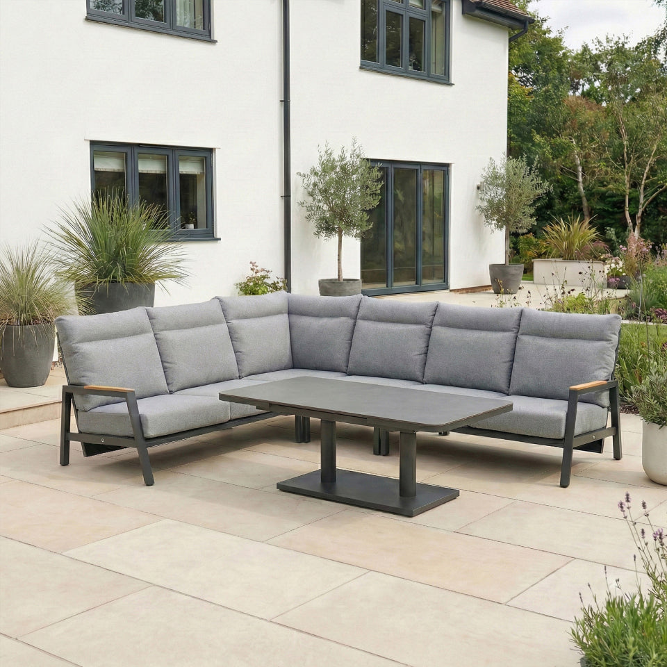 Isaac L-Shaped Corner Aluminium Reclining Lounge Dining Set - Adjustable Rising Extending Table in Graphite Grey