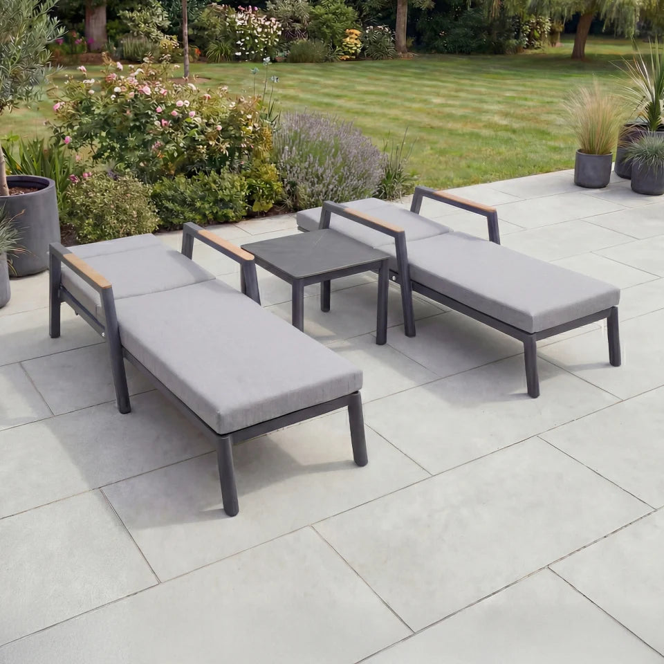 Isaac Aluminium Sun Lounger Set of 2 and Side Table in Graphite Grey