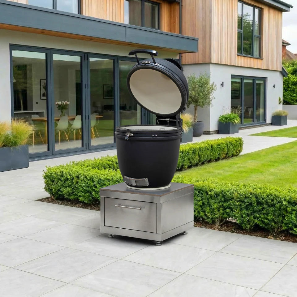 Stanley Straight Outdoor Kitchen K-Pro 22 Kamado Charcoal Barbecue with Integrated Drawer Unit - Stainless Steel