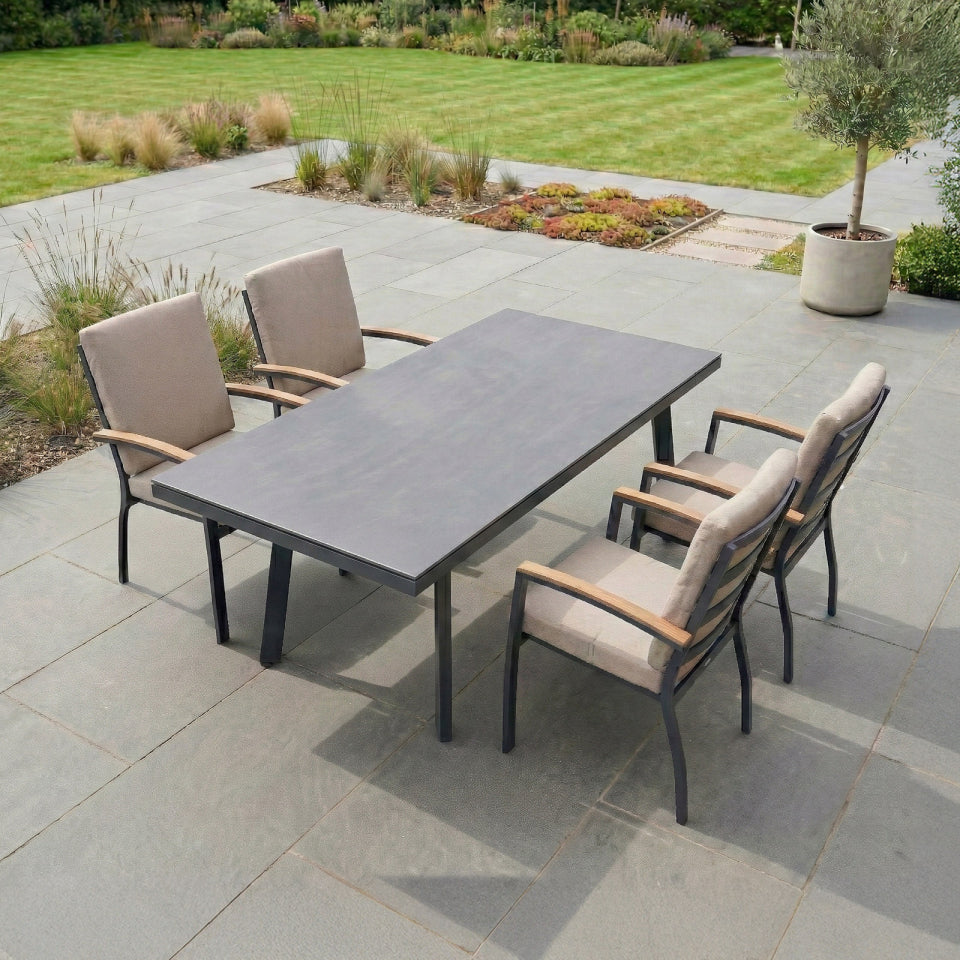 Leah 4-10 Seat Aluminium Dining Set - Rectangular Extending Table with 4 Chairs in Graphite Grey