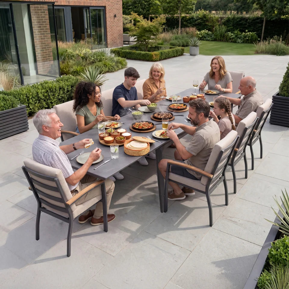 Leah 6-12 Seat Aluminium Dining Set - Rectangular Extending Table with 8 Chairs in Graphite Grey