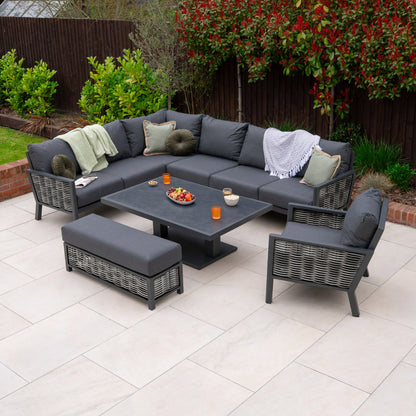 Caleb L-Shaped Corner Rattan Aluminium Lounge Dining Set with Armchair and Bench - Adjustable Rising Dark Grey Table in Dapple Grey