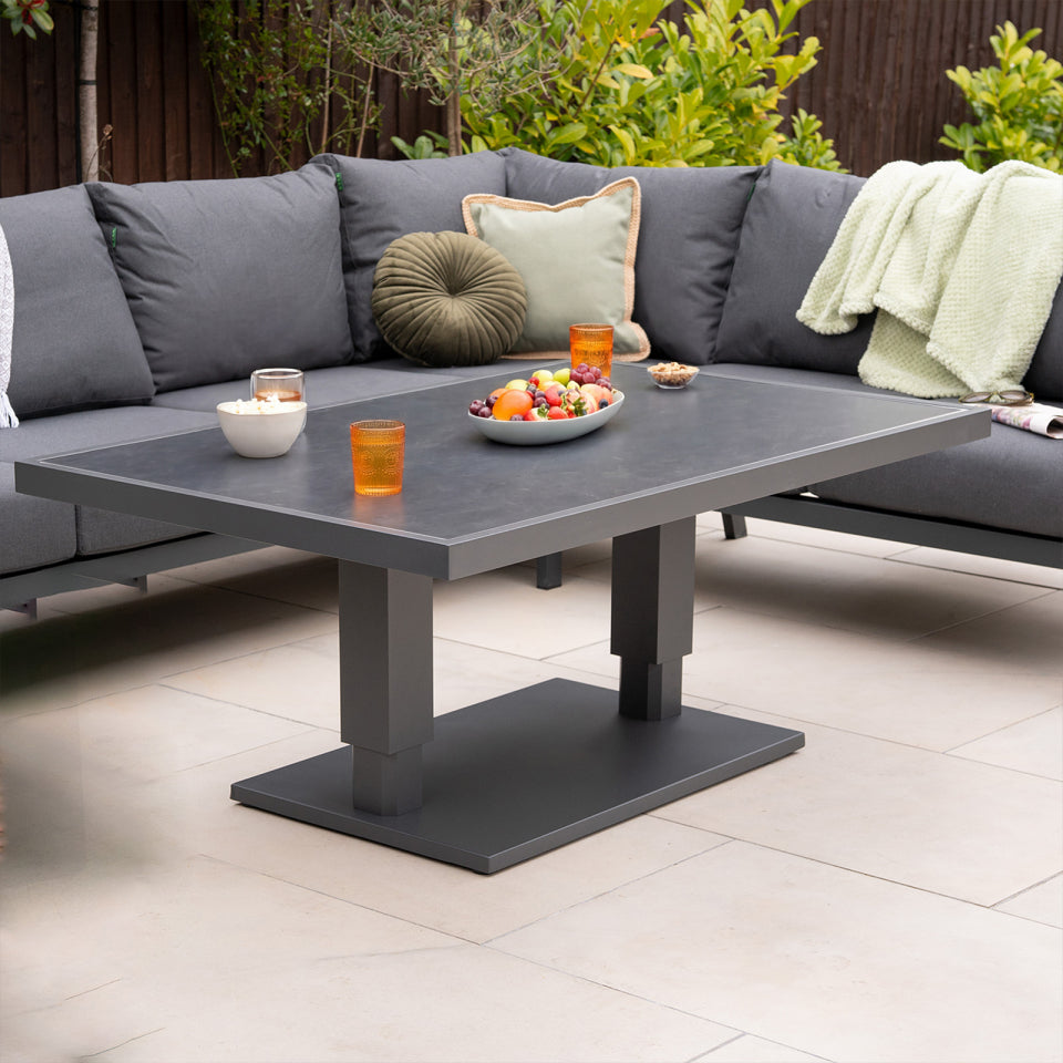 Caleb L-Shaped Corner Rattan Aluminium Lounge Dining Set with Armchair and Bench - Adjustable Rising Dark Grey Table in Dapple Grey