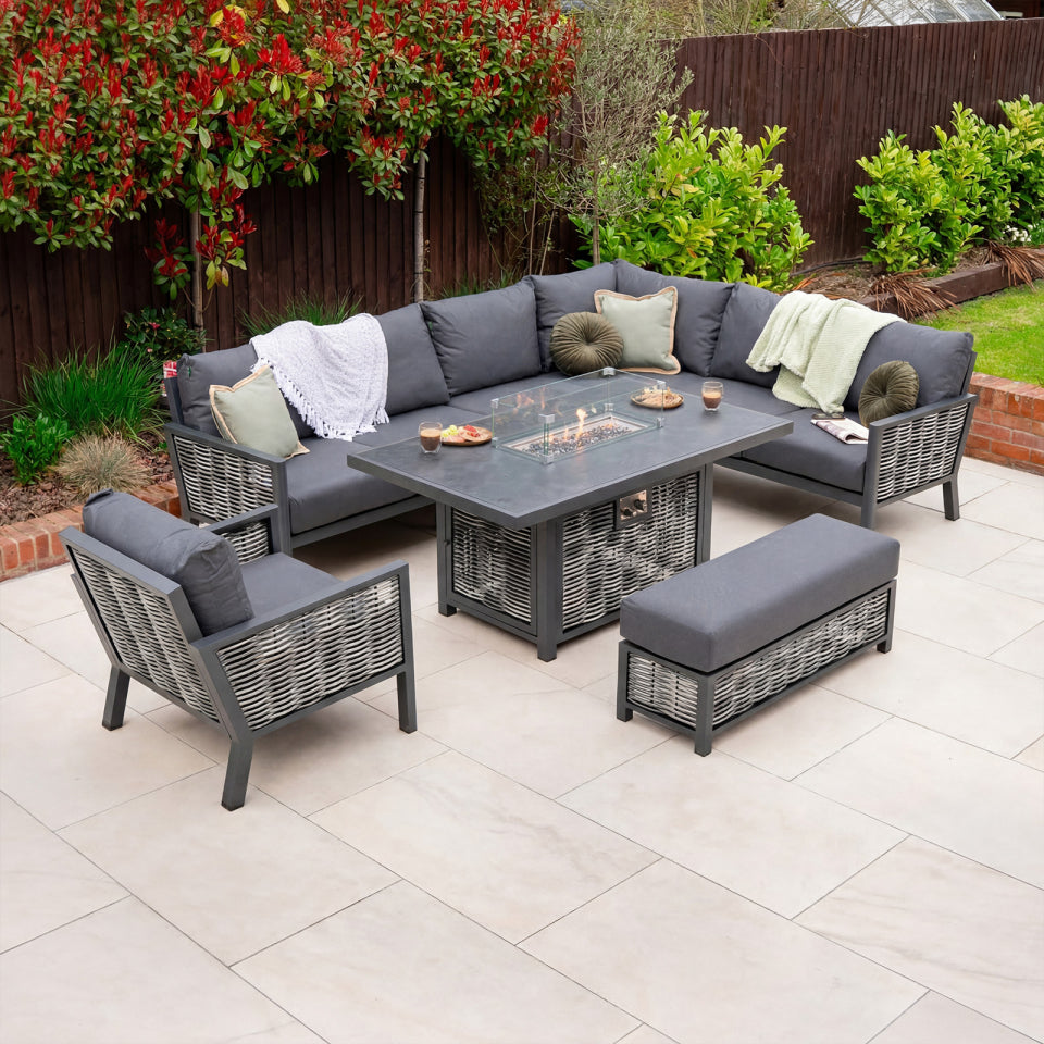 Caleb L-Shape Corner Rattan Aluminium Lounge Dining Set with Armchair and Bench - Gas Fire Pit Dark Grey Table in Dapple Grey