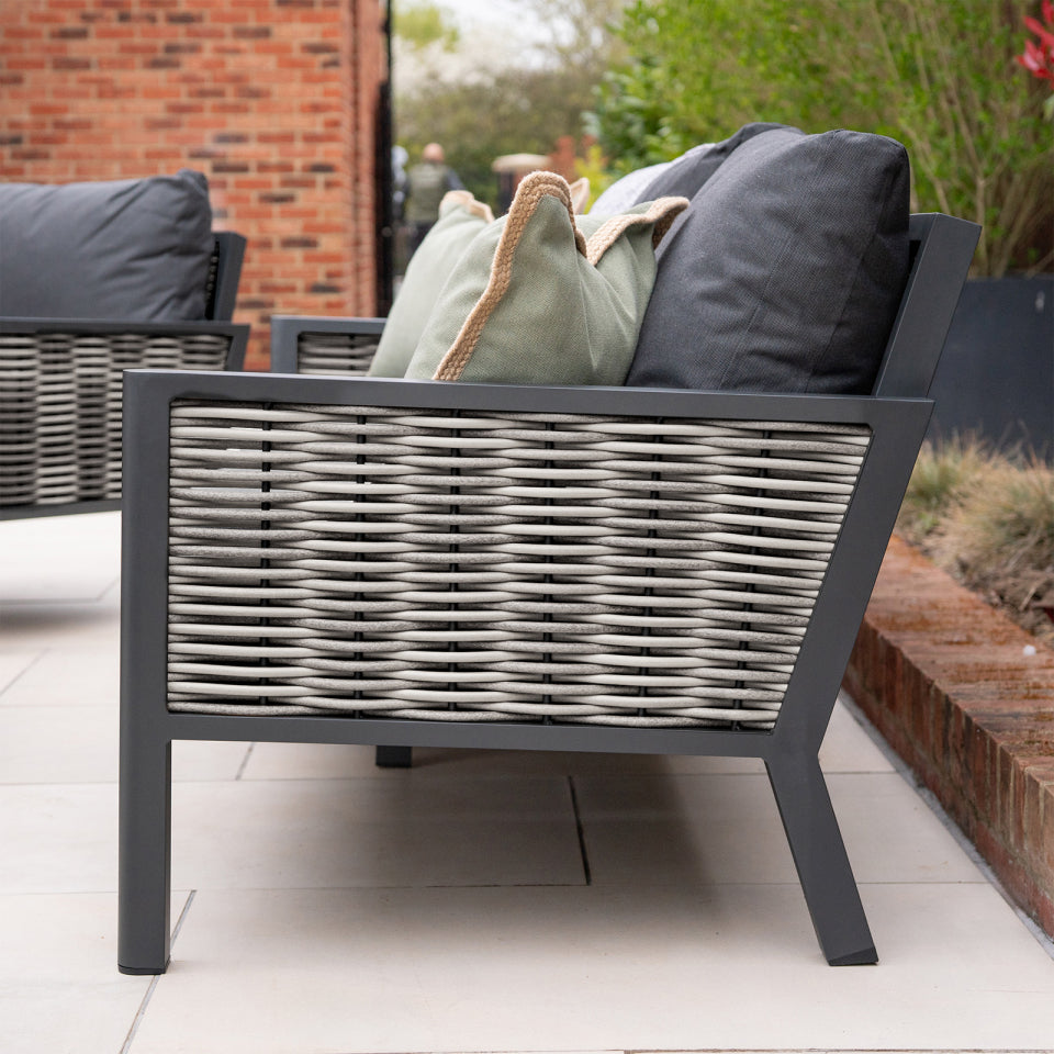 Caleb 3 Seater Rattan Aluminium Lounge Dining Set with 2 Armchairs and Bench - Gas Fire Pit Dark Grey Table in Dapple Grey