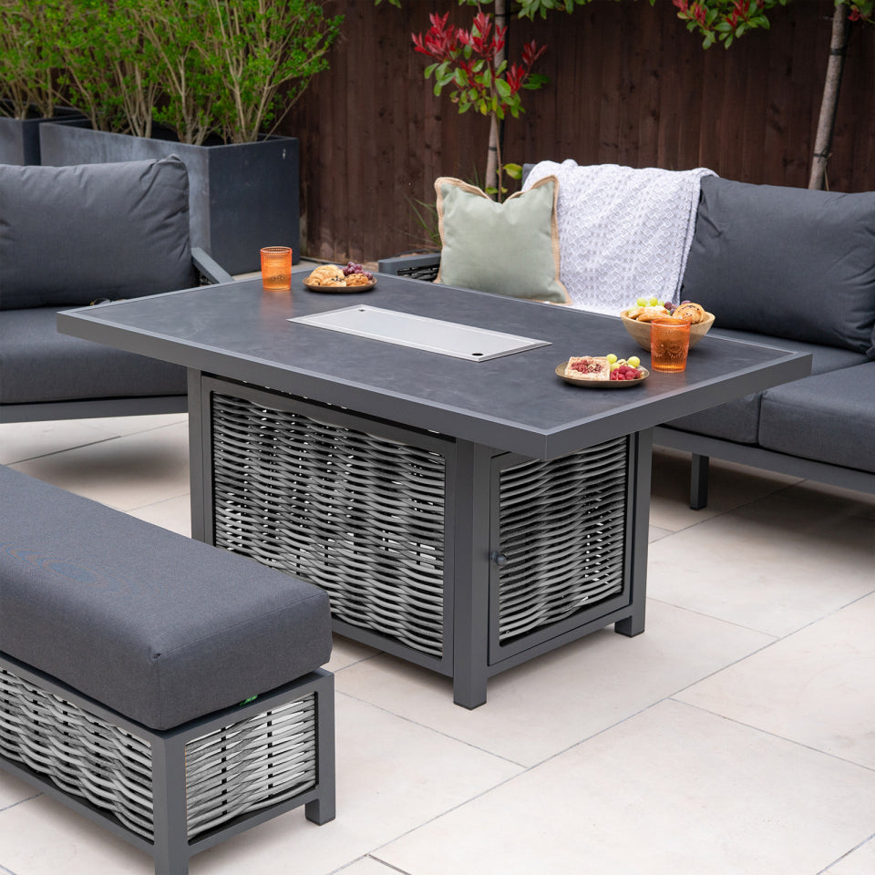 Caleb 3 Seater Rattan Aluminium Lounge Dining Set with 2 Armchairs and Bench - Gas Fire Pit Dark Grey Table in Dapple Grey