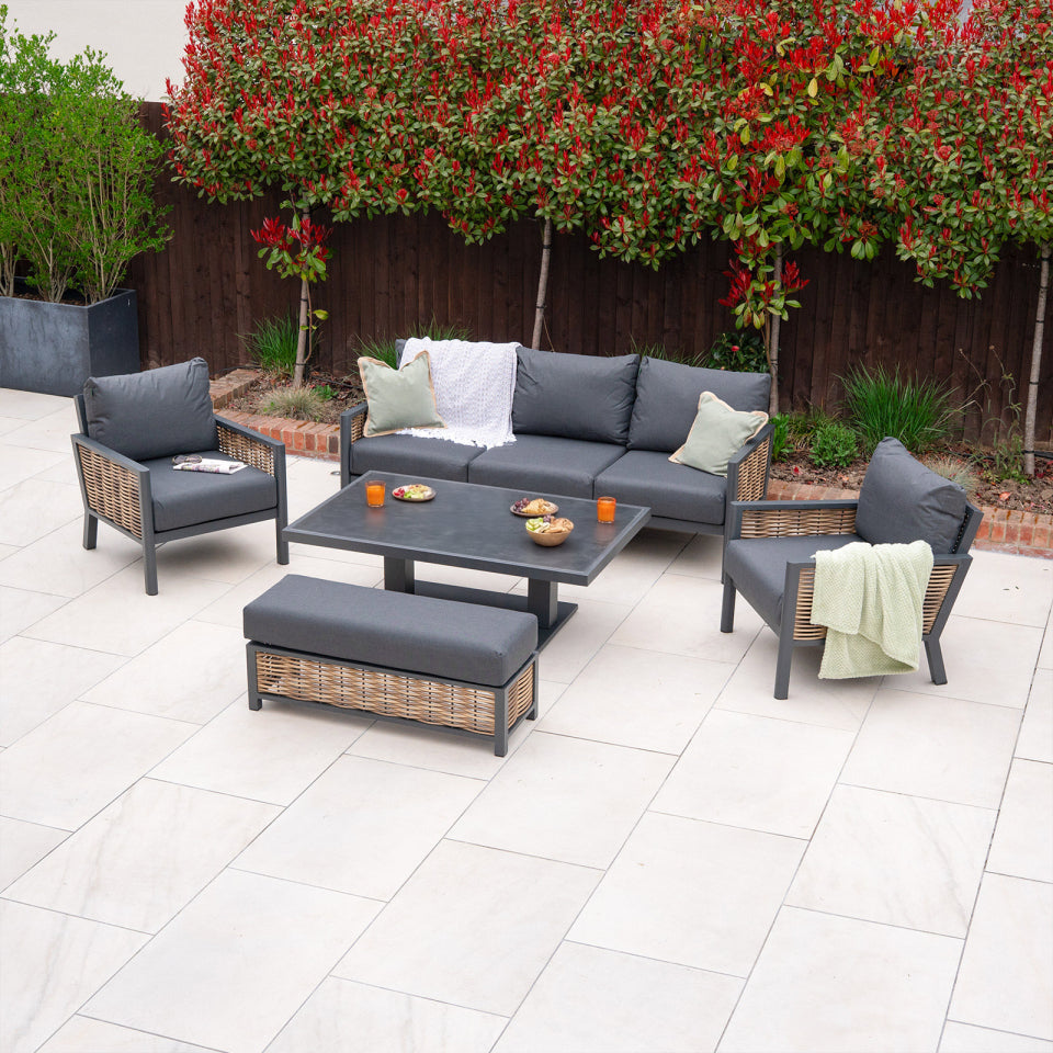 Caleb 3 Seater Rattan Aluminium Lounge Dining Set with 2 Armchairs and Bench - Adjustable Rising Dark Grey Table in Palomino Brown