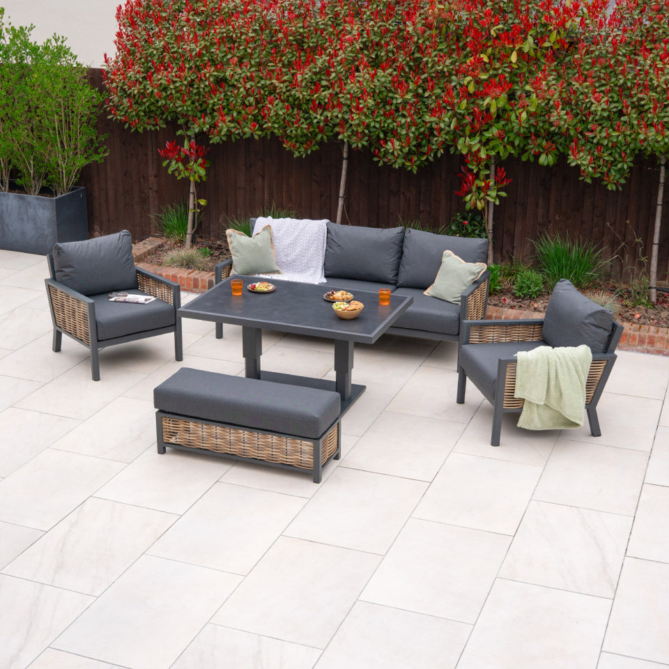 Caleb 3 Seater Rattan Aluminium Lounge Dining Set with 2 Armchairs and Bench - Adjustable Rising Dark Grey Table in Palomino Brown