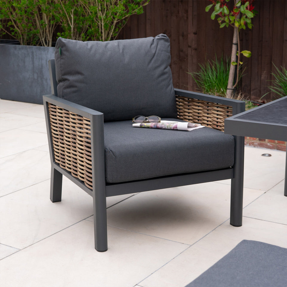 Caleb 3 Seater Rattan Aluminium Lounge Dining Set with 2 Armchairs and Bench - Adjustable Rising Dark Grey Table in Palomino Brown