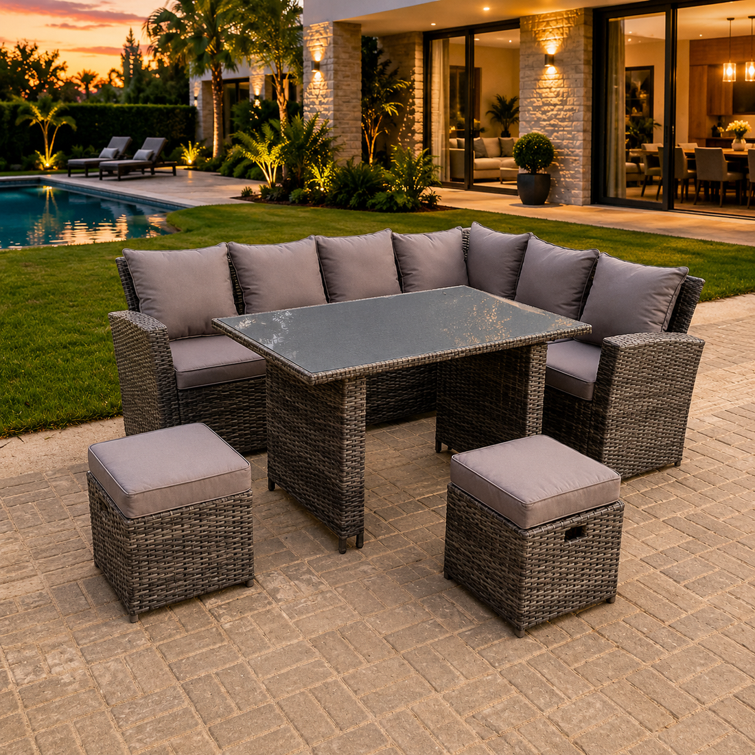 8 Seater High Back Rattan Corner Sofa Dining Set Table With Stools Grey Mixed