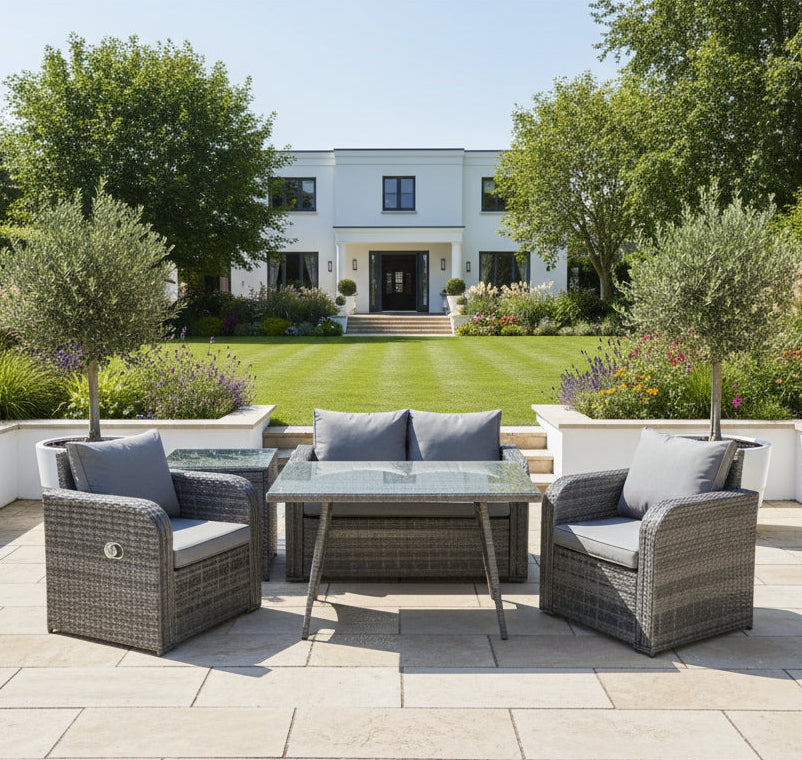 Outdoor Garden Furniture Set Rattan Sofa Dining Table Set with Reclining Chair Side Table Dark Grey Mixed