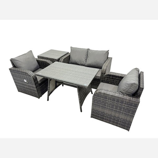 Fimous Outdoor Garden Furniture Set Rattan Sofa Dining Table Set with Reclining Chair Side Table Dark Grey Mixed