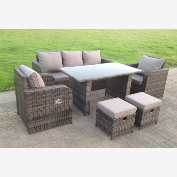 PE Rattan Garden Furniture Set Adjustable Chair Lounge 3 Seater Sofa Oblong Rectangular Dining Black Glass Table 2 Stools