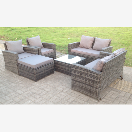 Fimous High Back Dark Mixed Grey Rattan Sofa Set Outdoor Furniture Square Coffee Table Big Footstool Chairs 2 Seater Love Sofa 7 Seater
