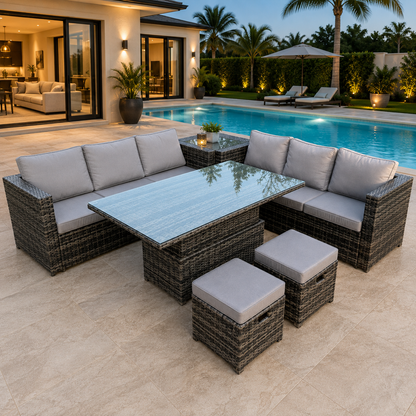8 Seater Corner Rattan Sofa Set Rising Table Footstool Outdoor Garden Furniture Grey