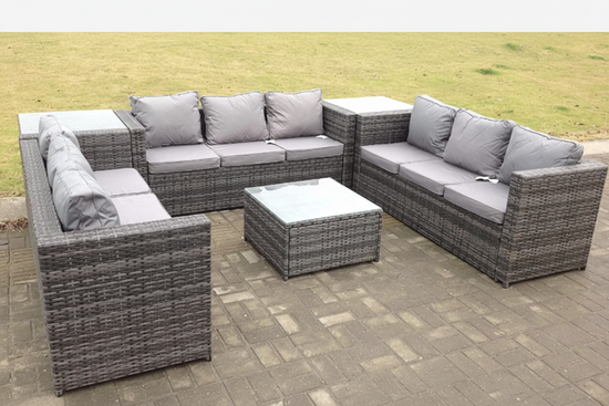 Fimous Patio 9 Seater U Shape Rattan Sofa Set Patio Outdoor Garden Furniture With 3 Coffee Table Dark Grey Mixed