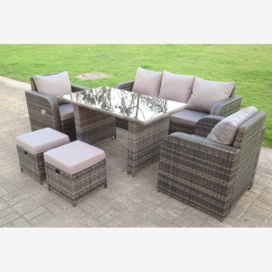 Fimous PE Rattan Garden Furniture Set Adjustable Chair Lounge 3 Seater Sofa Oblong Rectangular Dining Black Glass Table 2 Stools