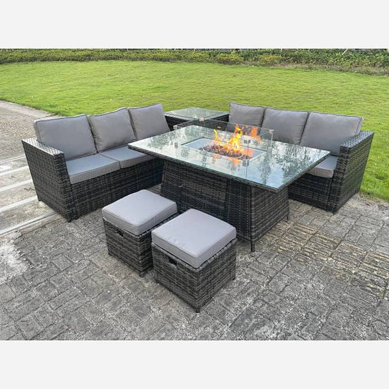 Wicker Rattan Garden Furniture Gas Fire Pit Table Sets Footstool Dark Grey Mix