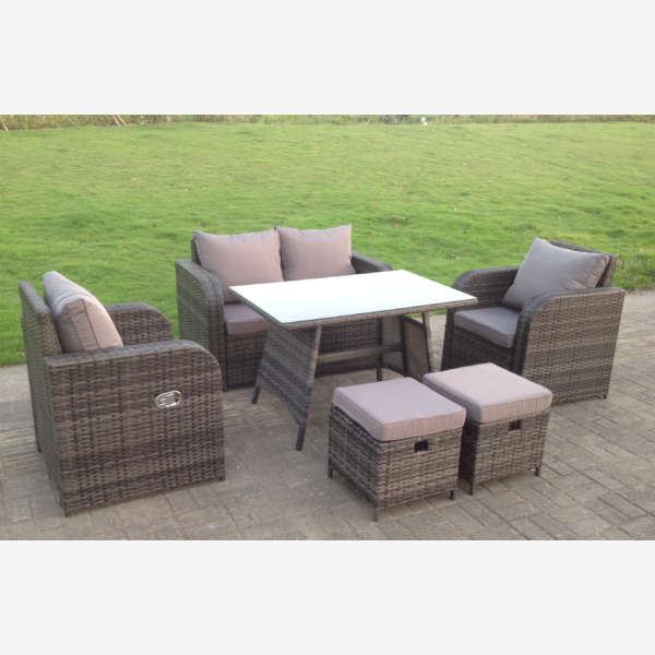 PE Rattan Garden Furniture Set Adjustable Chair 2 Seater Sofa Double Love Seat Sofa Oblong Dining Table With 2 Stools