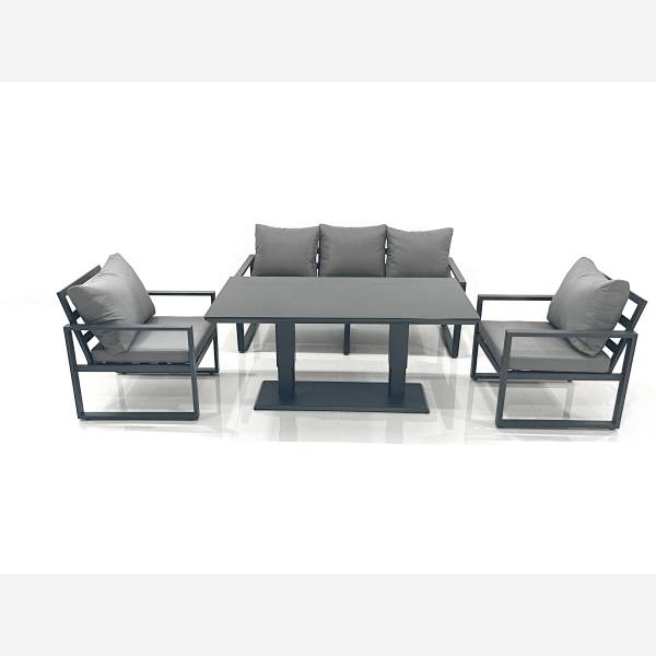 Outdoor Aluminium Garden Furniture Set with Adjustable Rising Lifting Dining Table 3 Seater Sofa 2 Chair Dark Grey