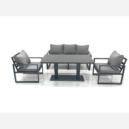Outdoor Aluminium Garden Furniture Set with Adjustable Rising Lifting Dining Table 3 Seater Sofa 2 Chair Dark Grey