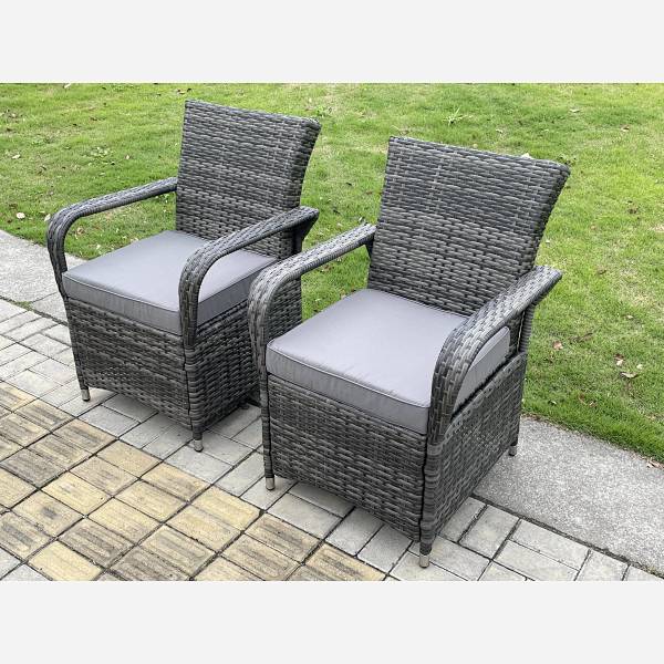 2 PC High Back PE Rattan Outdoor Garden Arm Chair With Seat Cushion Dark Grey Mixed