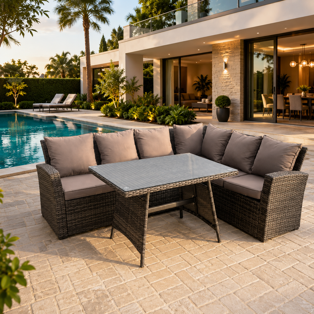 (right L shape) high back rattan dining table corner sofa grey