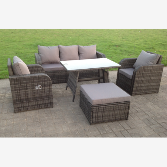Fimous PE Rattan Garden Furniture Set Adjustable Chair Sofa Lounge 3 Seater Sofa Oblong Rectangular Dining Table Footstool