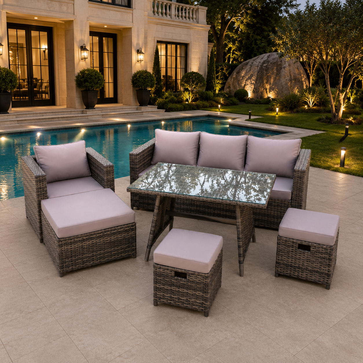 Dark Mixed Grey Rattan Garden Outdoor Sofa Set Chair Rectangular Dining Table Big Footstool 2 Small Footstools 7 Seater